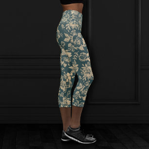 Botanisch elegant Forest Green Sepia Gold Floral Capri Leggings