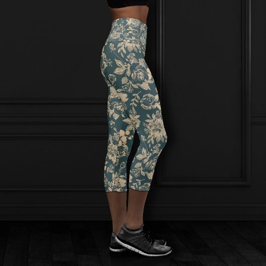 Botanisch elegant | Forest Green Sepia Gold Floral Capri Leggings