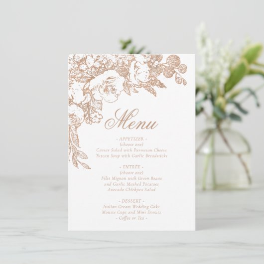 Botanisch elegant | Kupfer Rose Gold Floral Menükarte (Stehend Vorderseite)