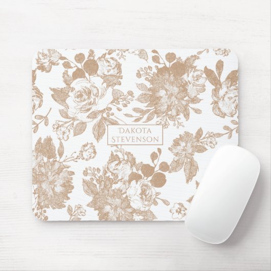 Botanisch elegant | Weiß und Rose Gold Floral Mousepad (Mit Mouse)