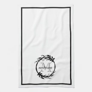 Botanisch elegante Schwarz-Weiß-Monogramm-Familie Geschirrtuch