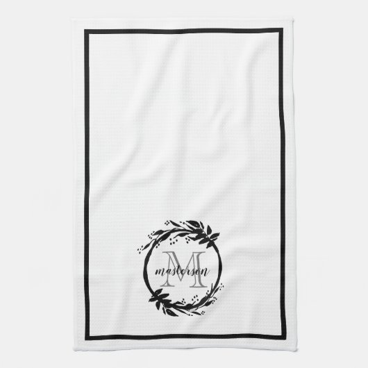 Botanisch elegante Schwarz-Weiß-Monogramm-Familie Geschirrtuch (Vertikal)