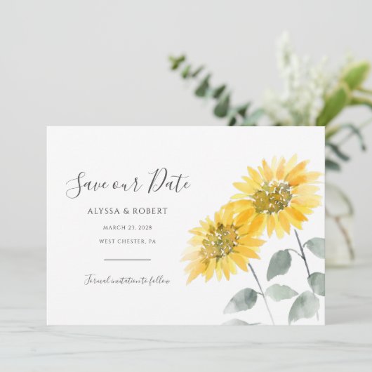 Botanisch-elegante Sonnenblume Save The Date (Stehend Vorderseite)