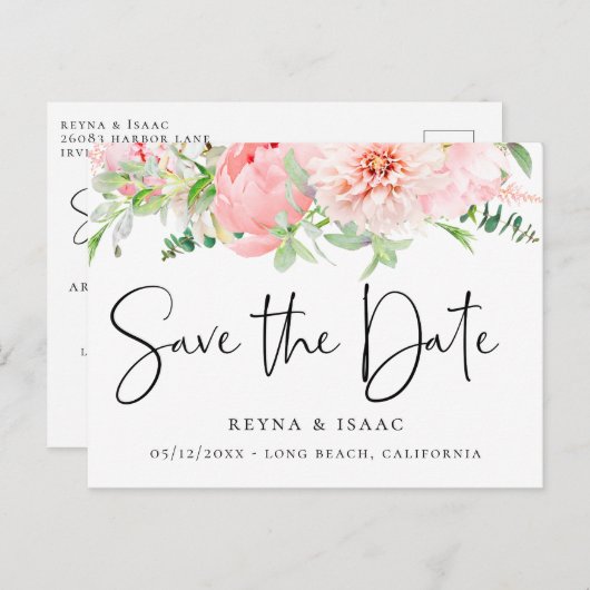 Botanisch-elegantes Rosa Save the Date Ankündigungspostkarte (Vorne/Hinten)