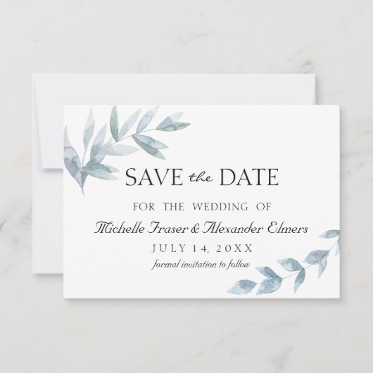 Botanisch-elegantes Wasserfarbenblatt Save the Dat RSVP Karte (Vorderseite)