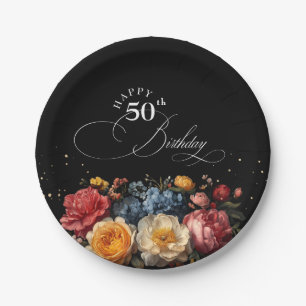 Botanisch floral schwarzer Geburtstag Pappteller