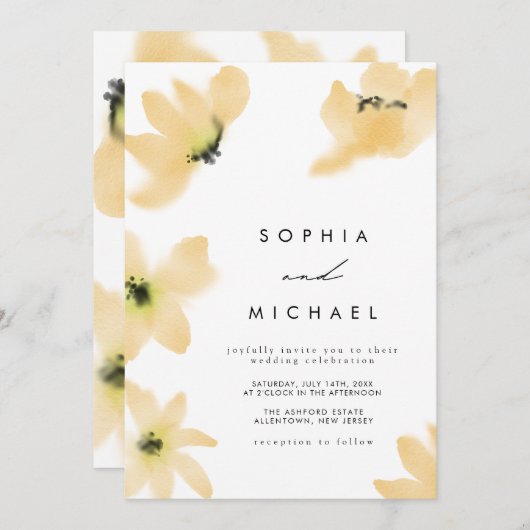 Botanisch-gelbe Blumen Hochzeit im Wasserfarben Einladung (Vorne/Hinten)