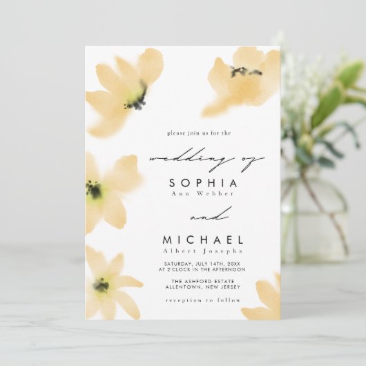 Botanisch-gelbe Blumen Hochzeit im Wasserfarben Einladung (Stehend Vorderseite)