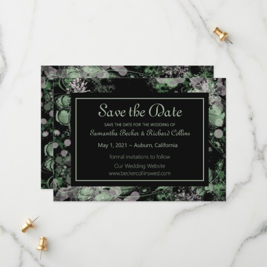 Botanisch grün und rosa save the date (Vorderseite/Rückseite Beispiel)