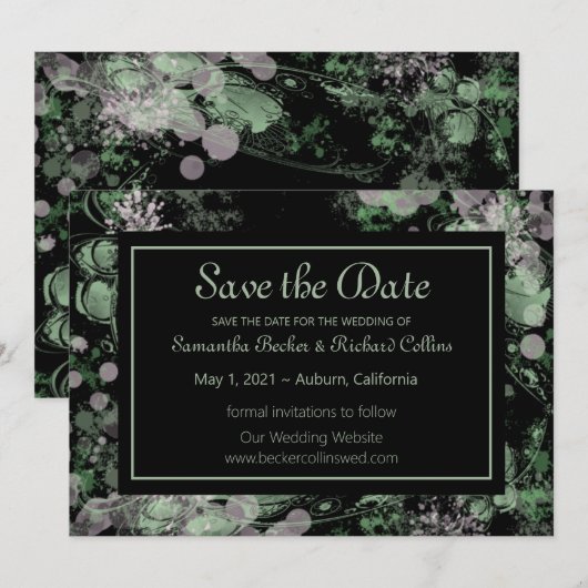 Botanisch grün und rosa save the date (Vorne/Hinten)