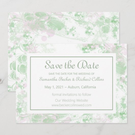 Botanisch grün und rosa save the date (Vorne/Hinten)