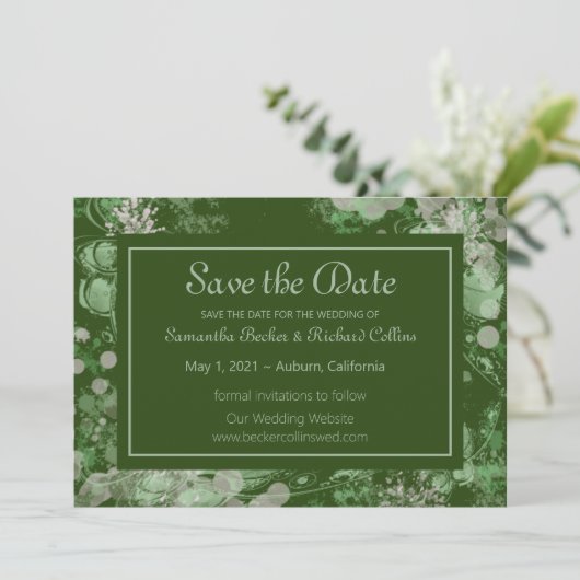 Botanisch grün und rosa save the date (Stehend Vorderseite)