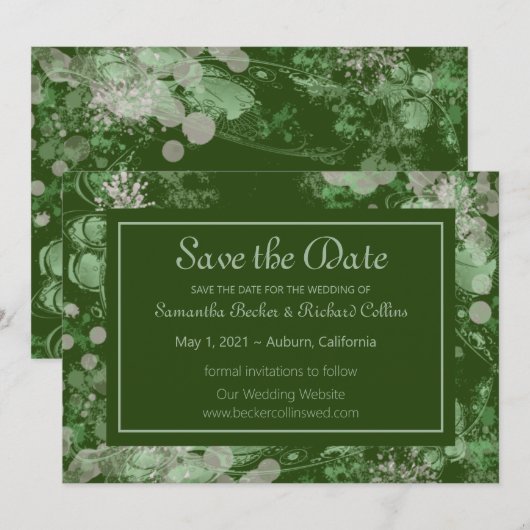 Botanisch grün und rosa save the date (Vorne/Hinten)