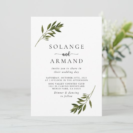 Botanisch grüne Blätter Back & Front Hochzeit Einladung (Stehend Vorderseite)