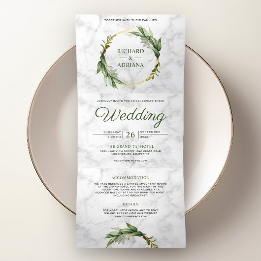 Botanisch-grüne Blätter Wreath White Marble Weddin Dreifach Gefaltete Einladung