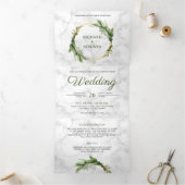Botanisch-grüne Blätter Wreath White Marble Weddin Dreifach Gefaltete Einladung (Innenseite)