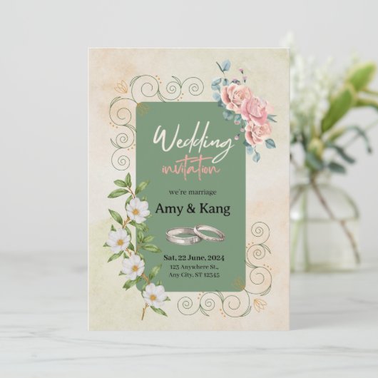 Botanisch-grüne Hochzeit mit Blumen Einladung (Stehend Vorderseite)