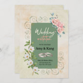 Botanisch-grüne Hochzeit mit Blumen Einladung (Vorne/Hinten)