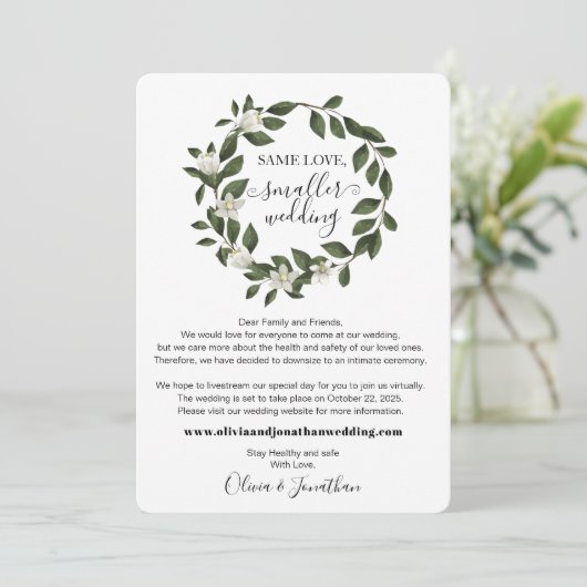 Botanisch grüne Liebe Kleinere Hochzeitssenkung Ankündigung (Stehend Vorderseite)