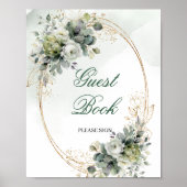 Botanisch grünes goldenes Gästebuch-Tischschild Poster (Vorne)