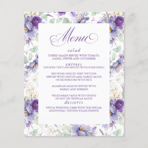 Botanisch-lila-goldene Blumnhochzeitsmenü Flyer