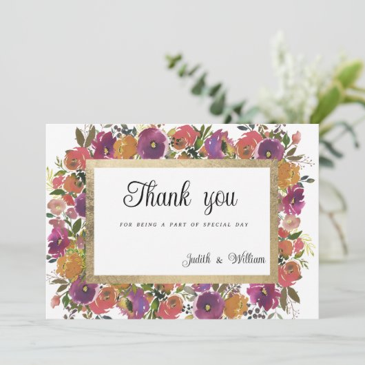 Botanisch lila-orange-rosa goldfarbene Blüte Danke Einladung (Stehend Vorderseite)