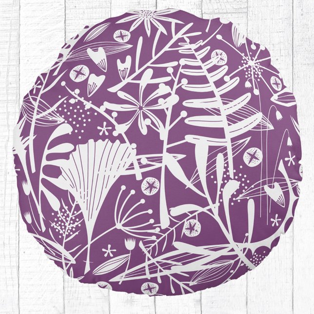 Botanisch Lila Rundes Kissen (Purple and white botanical silhouette round pillow)