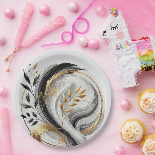 Botanisch modern Schwarz-weiß und goldgelb Pappteller (Party)