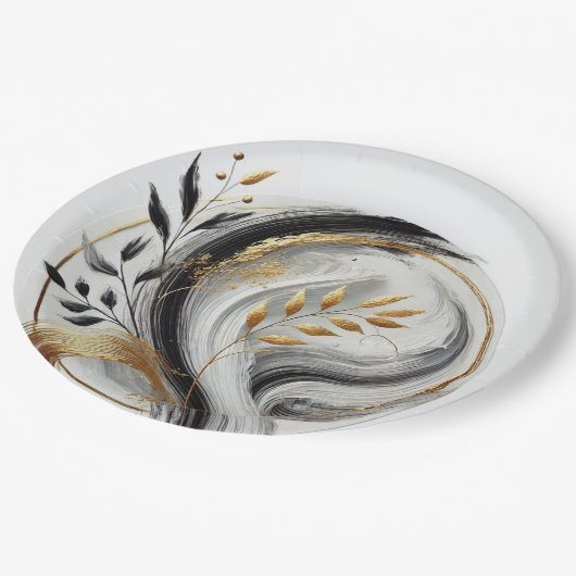 Botanisch modern Schwarz-weiß und goldgelb Pappteller (Schrägansicht)