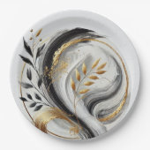 Botanisch modern Schwarz-weiß und goldgelb Pappteller (Vorderseite)