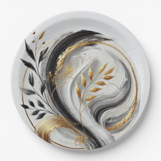 Botanisch modern Schwarz-weiß und goldgelb Pappteller (Vorderseite)