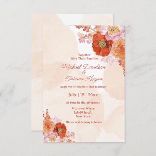 Botanisch-orangefarbene Hochzeit Einladung (Vorne/Hinten)