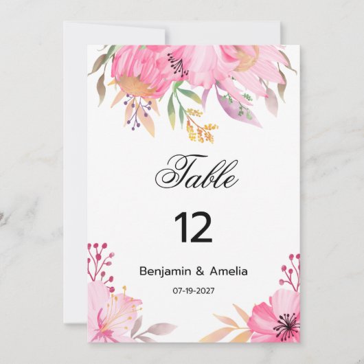 Botanisch-rosa Aquarellfarben-Blume Tischnummern (Vorderseite)