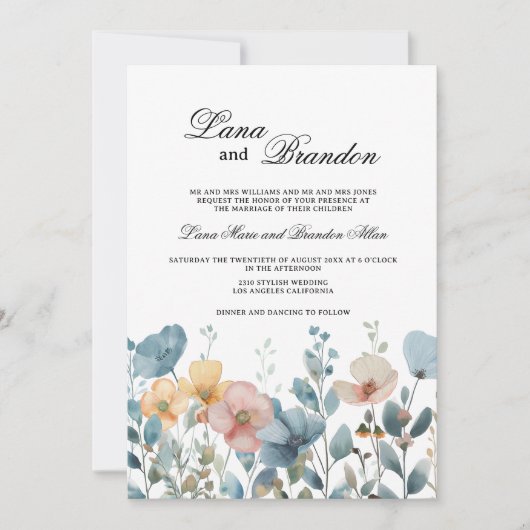 Botanisch-rosa-blaue Frühlingssonne Wildblumen Hoc Einladung (Vorderseite)