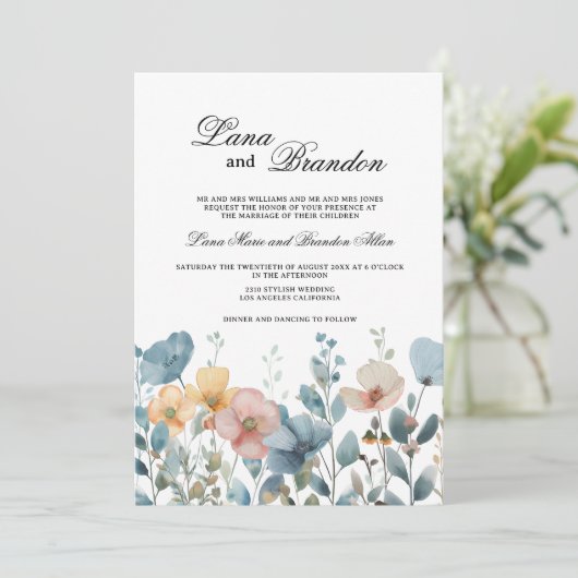 Botanisch-rosa-blaue Frühlingssonne Wildblumen Hoc Einladung (Stehend Vorderseite)