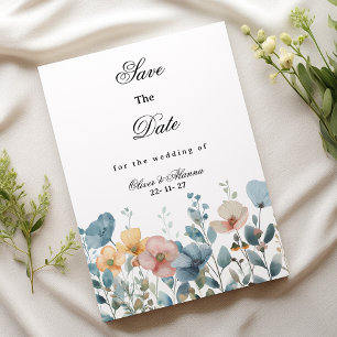 Botanisch-rosa-blaue Wildblumen Save the Date Einladung