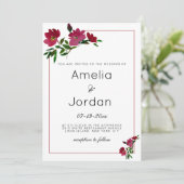 Botanisch-rosa-bordeauxfarbene Blumenhochzeit Einladung (Stehend Vorderseite)