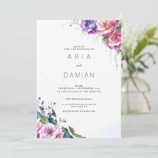 Botanisch rosa lila Korallenblütenhochzeit Einladung (Stehend Vorderseite)