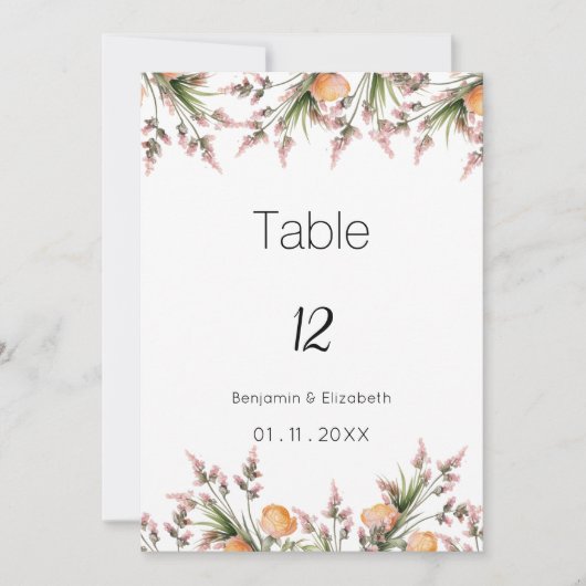 Botanisch-rosa-orangefarbene Blume Tischnummern (Vorderseite)