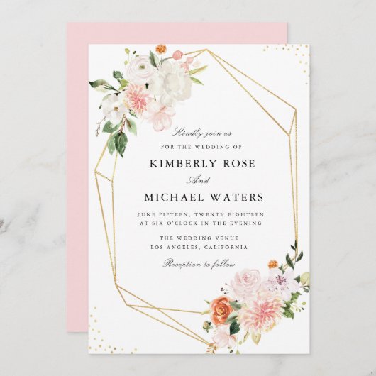 botanisch rosa Wasserfarben geometrische Hochzeit Einladung (Vorne/Hinten)