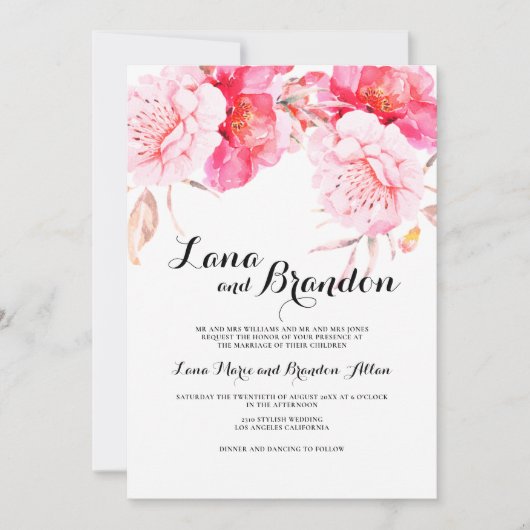 Botanisch-rosa-weiße klassische Blumenhochzeit Einladung (Vorderseite)