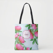 Botanisch-rosafarbene Peonies Chic Girly Monogram Tasche (Vorderseite)