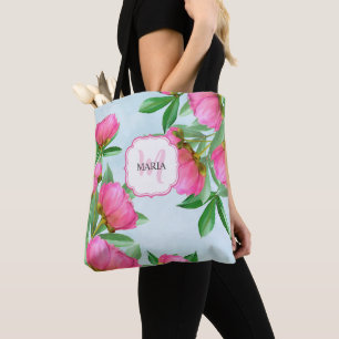 Botanisch-rosafarbene Peonies Chic Girly Monogram  Tasche