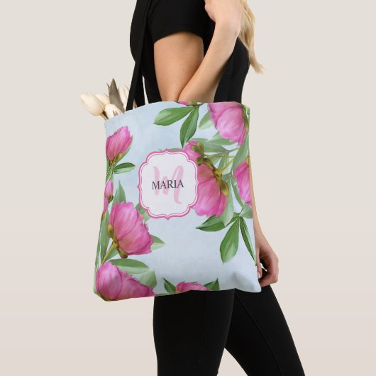 Botanisch-rosafarbene Peonies Chic Girly Monogram Tasche (Von Nahem)