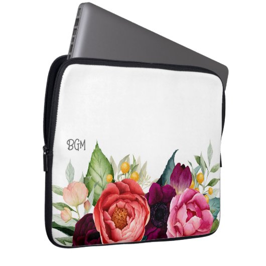 Botanisch-rustikale Wasserfarbe mit Monogramm-Init Laptopschutzhülle (Vorne Rechts)