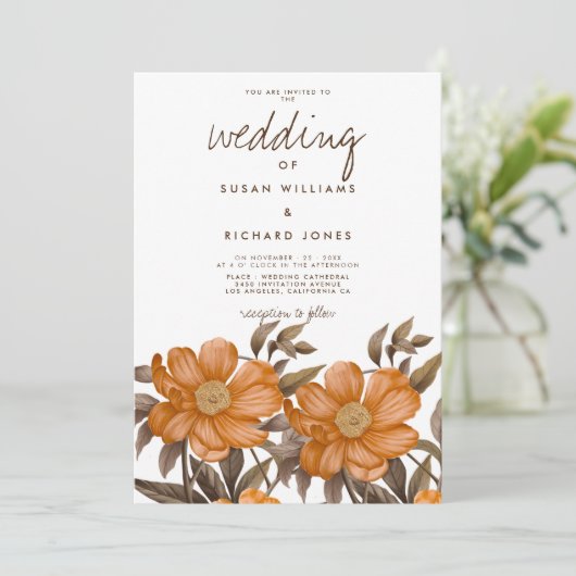 Botanisch-sanftbraun-orangefarbene Sommerblumenhoc Einladung (Stehend Vorderseite)