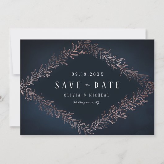 Botanisch Save the Date aus Goldgold der Navy-Rose (Vorderseite)