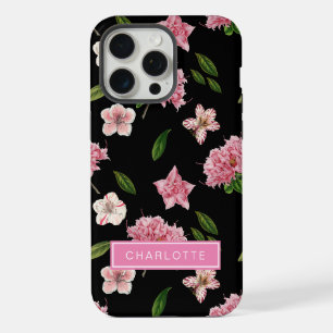 Botanisch Schwarz mit rosa Blumen iPhone 15 Pro Max Hülle