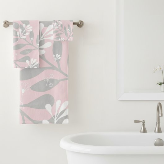Botanisch traumhaft rosa Leinwand mit grauen Blätt Badhandtuch Set