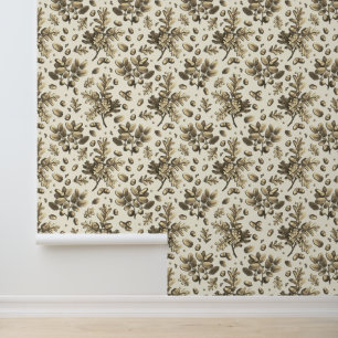 Botanisch Vintag Brown Oak Blätter Acorns Beige Tapete